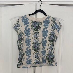 Floral Stripe Short Sleeve Tee in Cream and Blue
